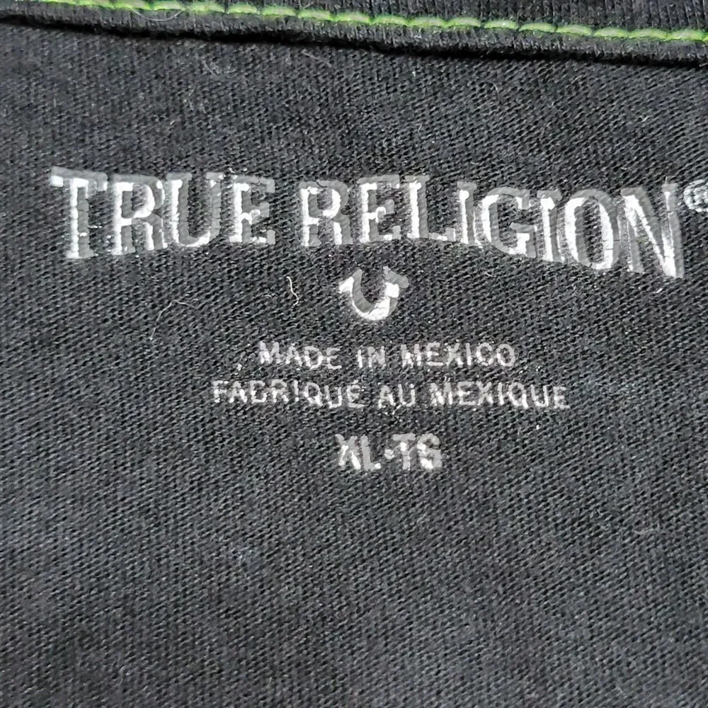 True Religion SS Black Unisex Tee Neon Yellow Stripe - Size XL